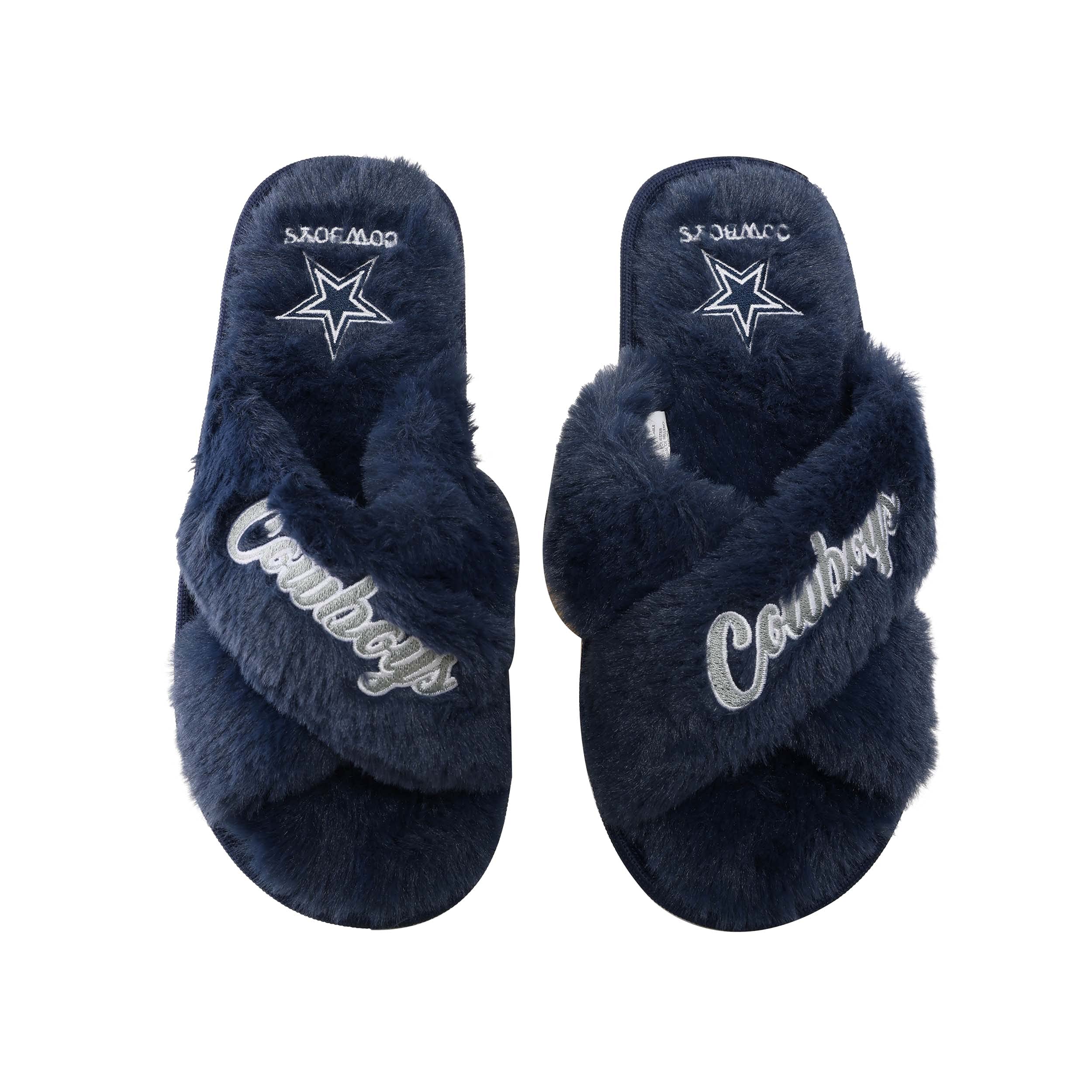 FOCO Womens NFL Team Script Wordmark Fuzzy Cross Slide Slippers