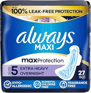 Always Maxi Overnight Extra Heavy Flow with Wings, Unscented Pads 27 Count (Jumbo)