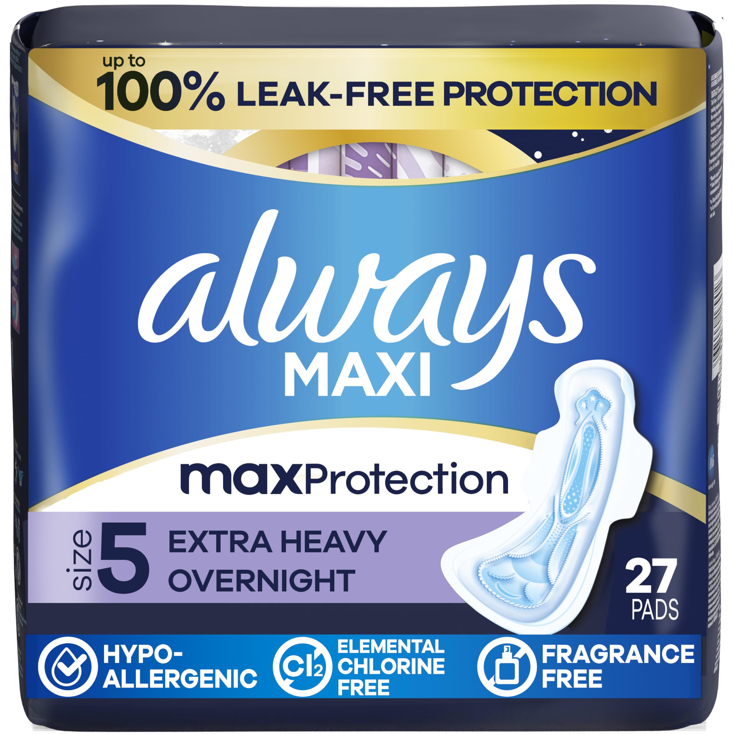 Always Maxi Overnight Extra Heavy Flow with Wings, Unscented Pads 27 Count (Jumb