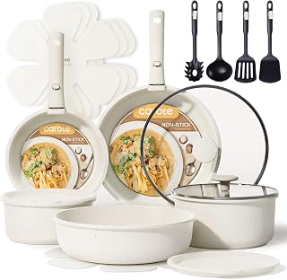 CAROTE 19pcs Pots and Pans Set Non Stick, Detachable Handle Cookware, White | Induction Compatible, Dishwasher & Oven Safe, Kitchen Organization, Cooking Set for Camping/RV/Traveling, House Warming Gift