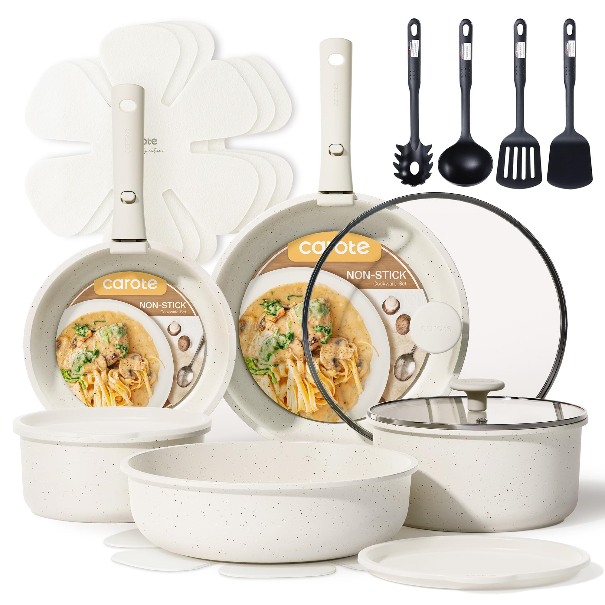 CAROTE 19pcs Pots and Pans Set Non Stick, Detachable Handle Cookware, White | In