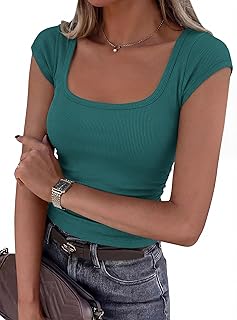 PRETTYGARDEN Cap Sleeve T Shirt Women 2026 Basic Square Neck Slim Fit Ribbed Knit Spring Going Out Tops Summer Clothes