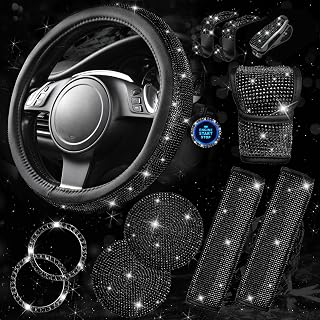 CAR PASS 11 PCS Bling Diamond Car Accessories for Women, Sparkly Rhinestone Steering Wheel Cover, Bling Seat Belt Cushion, Glitter Shift Knob Cover, Car Cup Holder Coaster, Cute Interior Sets Black