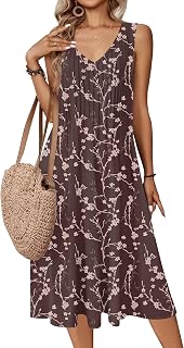 Zeagoo Women Summer Casual Dresses 2026 Sleeveless Midi Pleated Tank Sundress with Pockets V Neck A Line Swing Tshirt Dress