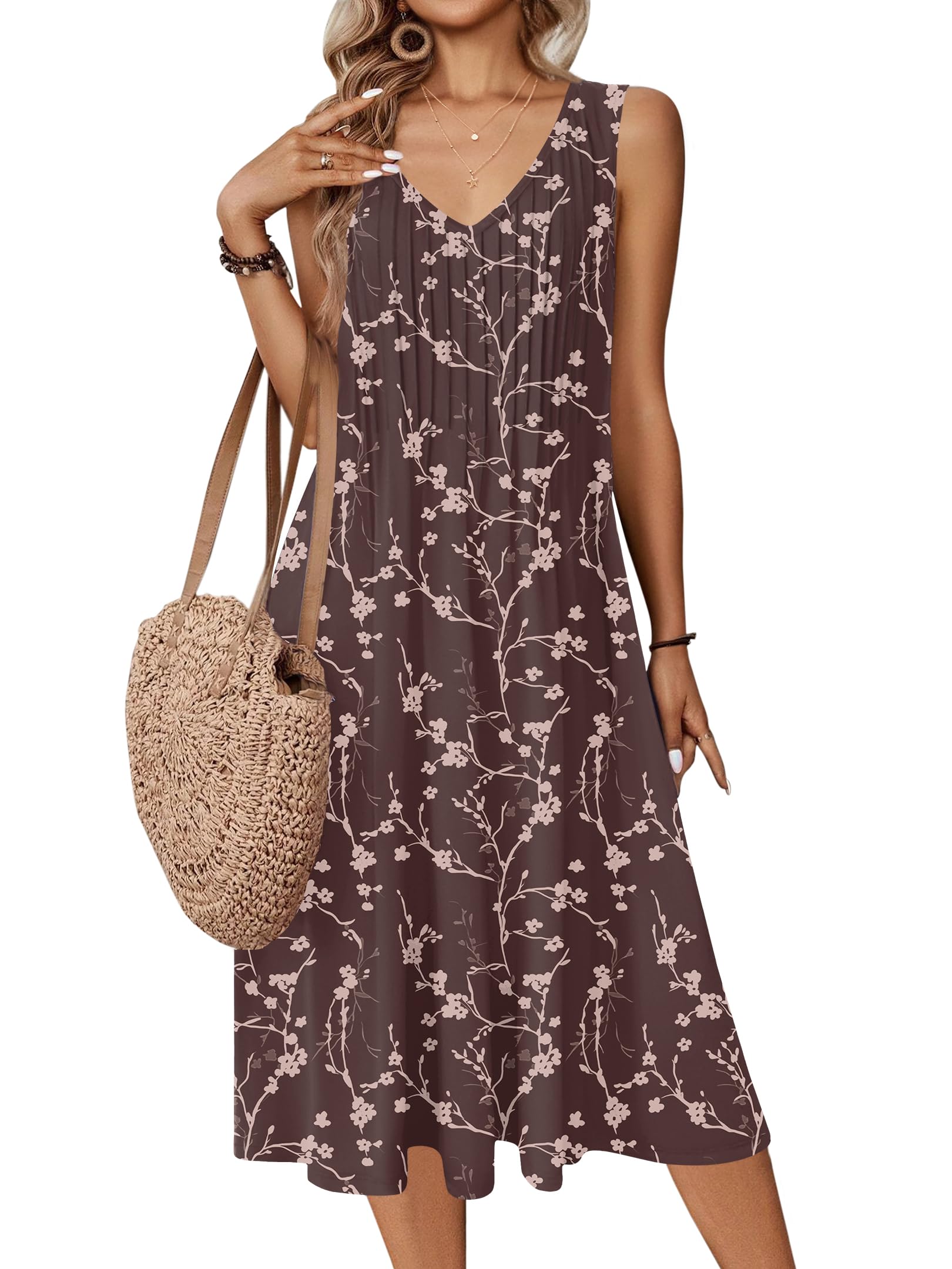 Zeagoo Women Summer Casual Dresses 2026 Sleeveless Midi Pleated Tank Sundress wi