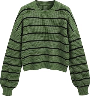 CIDER Women’s Cropped Striped Sweater Long Sleeve Crew Neck Trendy Pullover Tops