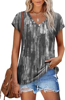 XIEERDUO Womens Tops V Neck Cap Sleeve Loose Fit Tee Shirts Summer Spring 2025 Eyelet/Printed