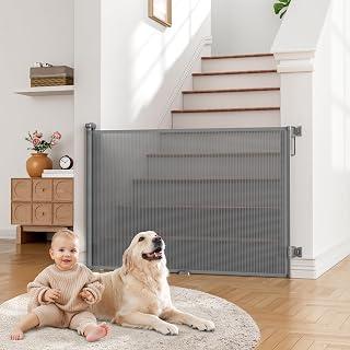 Retractable Baby Gate for Stairs, Dog Gate Indoor 55" Wide × 34" Tall Gray. | Retractable Baby Gates for Doorways, Pet Gate, Mesh Baby Gate, Retractable Dog Gate, Stair Gate, No Bottom Rail, Easy Install