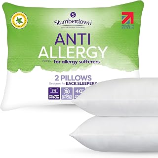 Slumberdown Anti Allergy Pillows 2 Pack - Allergy UK Approved Medium Support Back Sleeper Pillows for Allergy Sufferers | Anti Bacterial Cover, UK-Made & Washable (48 x 74cm)