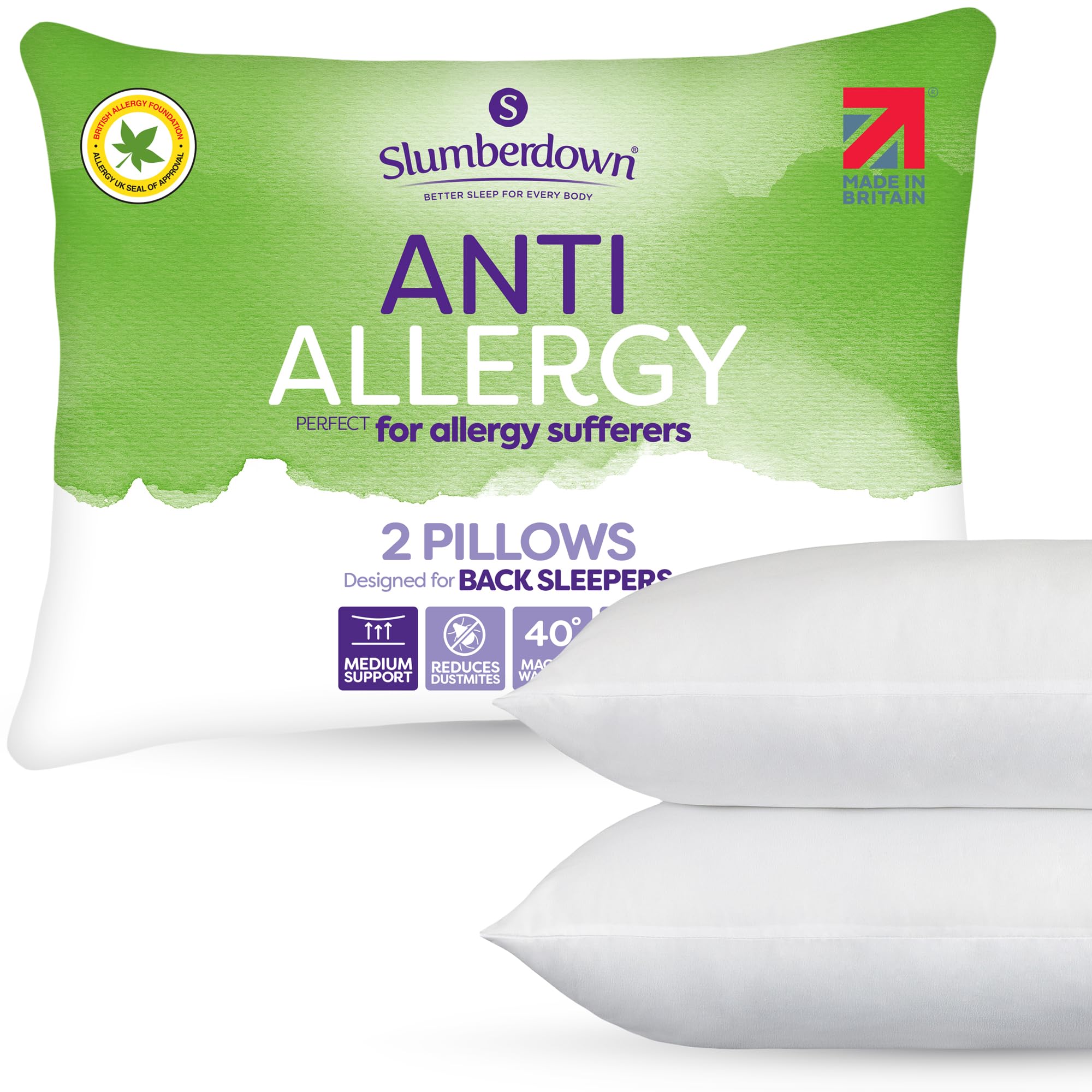 Slumberdown Anti Allergy Pillows 2 Pack - Allergy UK Approved Medium Support Bac