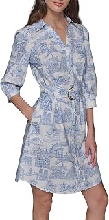Karl Lagerfeld Women's 3/4 Sleeve Collared Belted Cotton Mini Shirtdress