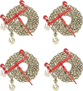 AAIN 4Pack Chain and Binder Kit, 3/8"-1/2" Ratchet Load Binders 9200 lbs | G80 3/8" x 10' Transport Chain with Grab Hooks | Chain and Binders Set for Industrial Truck, Tie Down, Hauling, Towing