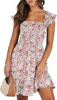ANRABESS Women Summer Casual Sleeveless Smocked Square Neck Ruffle Backless Mini Dress