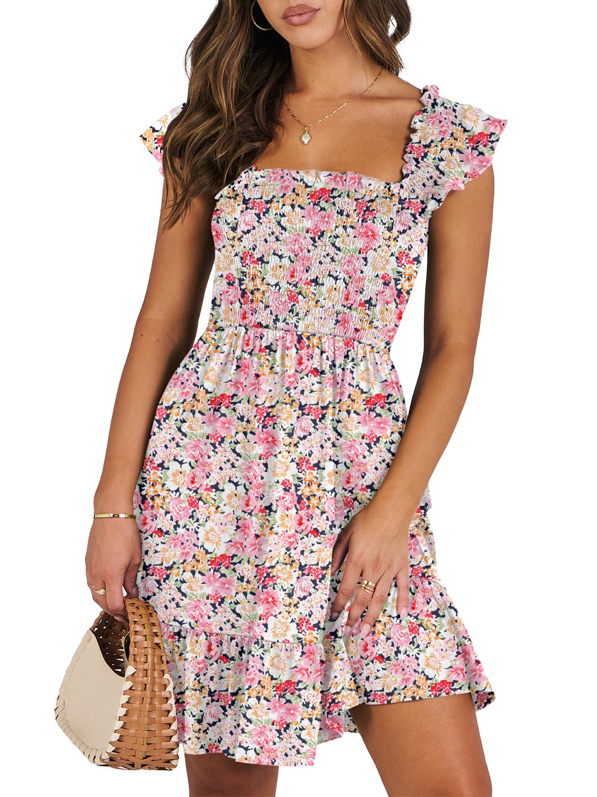 ANRABESS Women Summer Casual Sleeveless Smocked Square Neck Ruffle Backless Mini