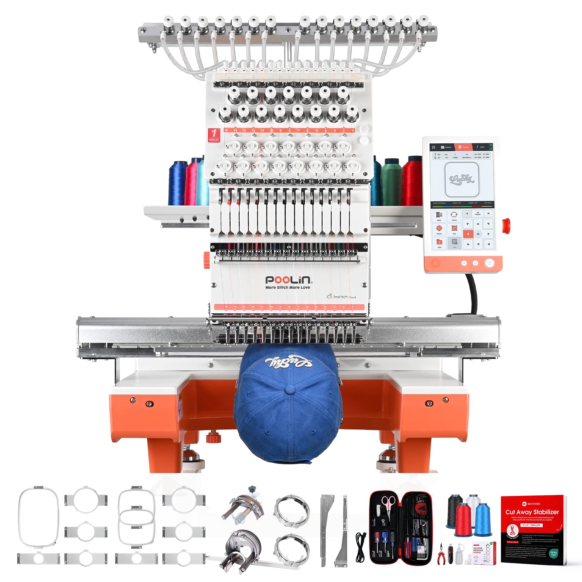 POOLIN EOX 15-Needle Embroidery Machine for Small Business, 14 x 20 in Large Emb