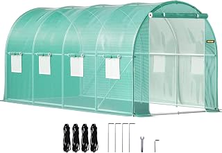 VEVOR Walk-in Tunnel Greenhouse, 15 x 7 x 7 ft Portable Plant Hot House with Galvanized Steel Hoops, 1 Top Beam, Diagonal Poles, Zippered Door & 8 Roll-up Windows, Green