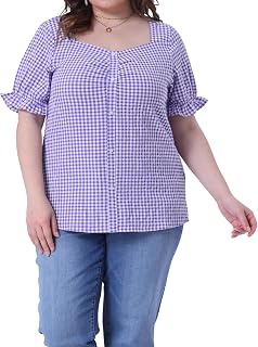 Agnes Orinda Women's Plus Size Gingham Tops 1950s Sweetheart Neck Flounce Sleeve Summer Blouse Top