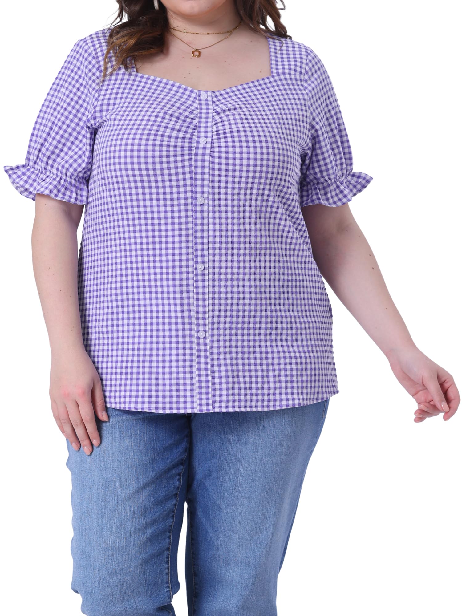 Agnes Orinda Women's Plus Size Gingham Tops 1950s Sweetheart Neck Flounce Sleeve