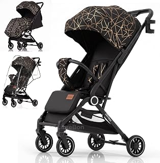 Lightweight Stroller, Baby Pushchair, Compact Travel Buggy, One Hand Foldable, Upgraded Wheels, All Seasons Stroller, Up to 22kg - 48 Months, Cabin Approved (Black - Golden Net, SPD1)