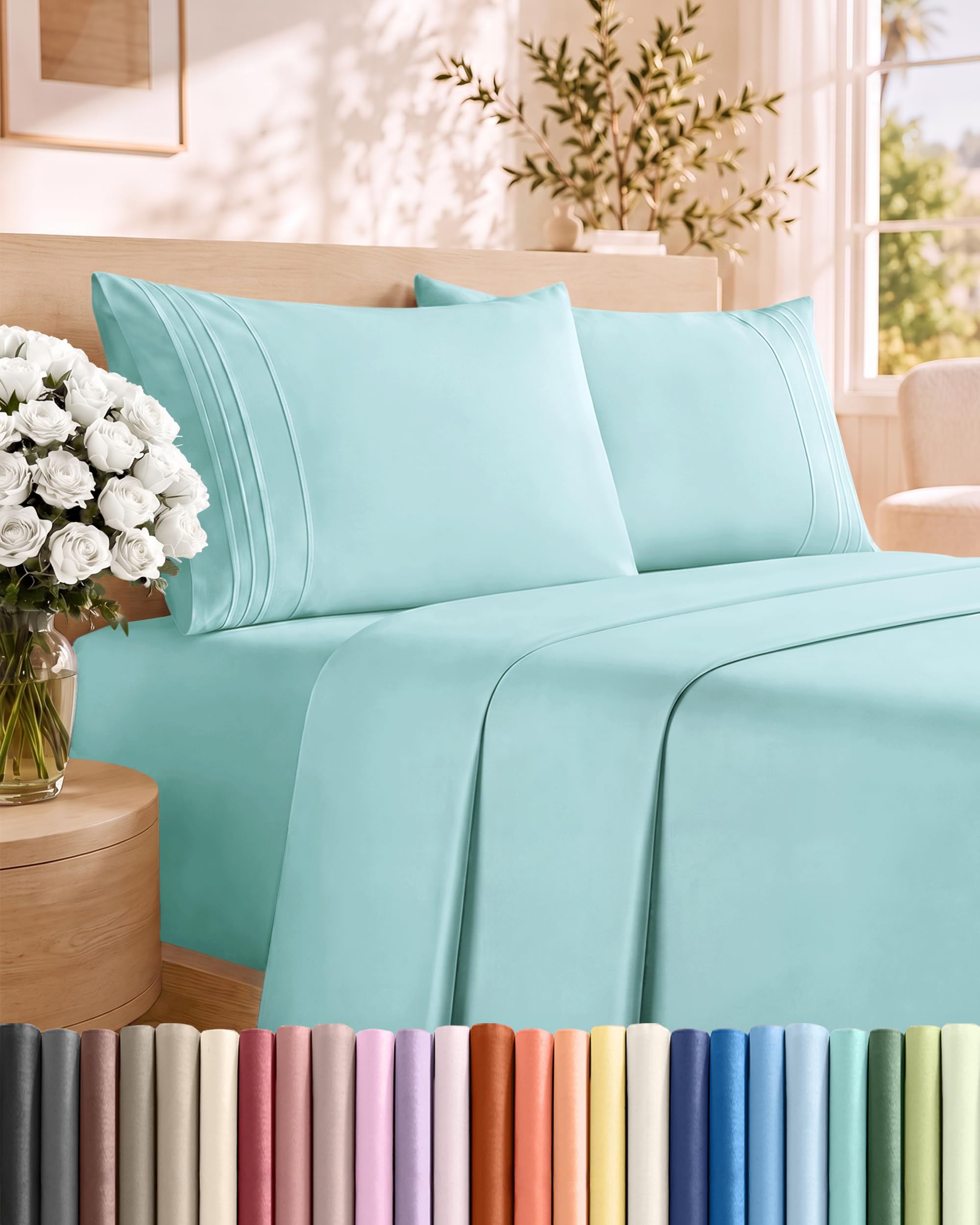 Queen Size 4 Piece Sheet Set - Comfy Breathable & Cooling Sheets - Spa Blue