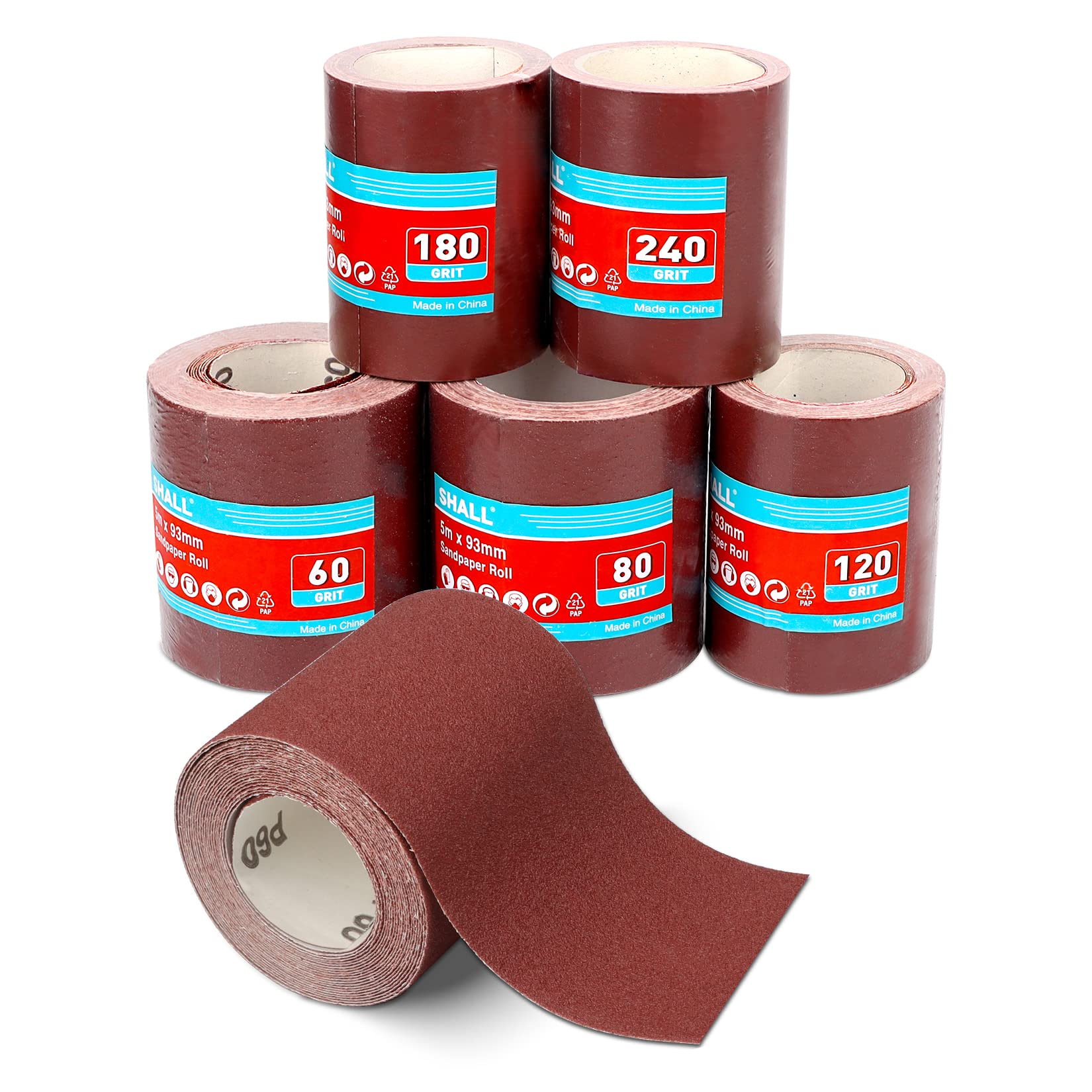 SHALL Sandpaper Roll Set 5 Rolls, 9.3cm x 5m, Aluminum Oxide Sandpaper for Woodw