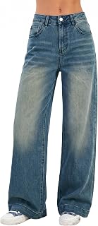 EMMIOL Women Loose Jeans Mid Low Rise Streetwear Vintage Wide Leg Straight Jeans Women Denim Pants Casual Pants, dark blue, L