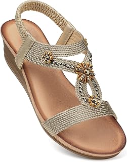 SHIBEVER Women Wedge Sandals Flower Low Heel Elegant Sandals Elastic Ankle Strap Rhinestone Comfortable Summer Shoes