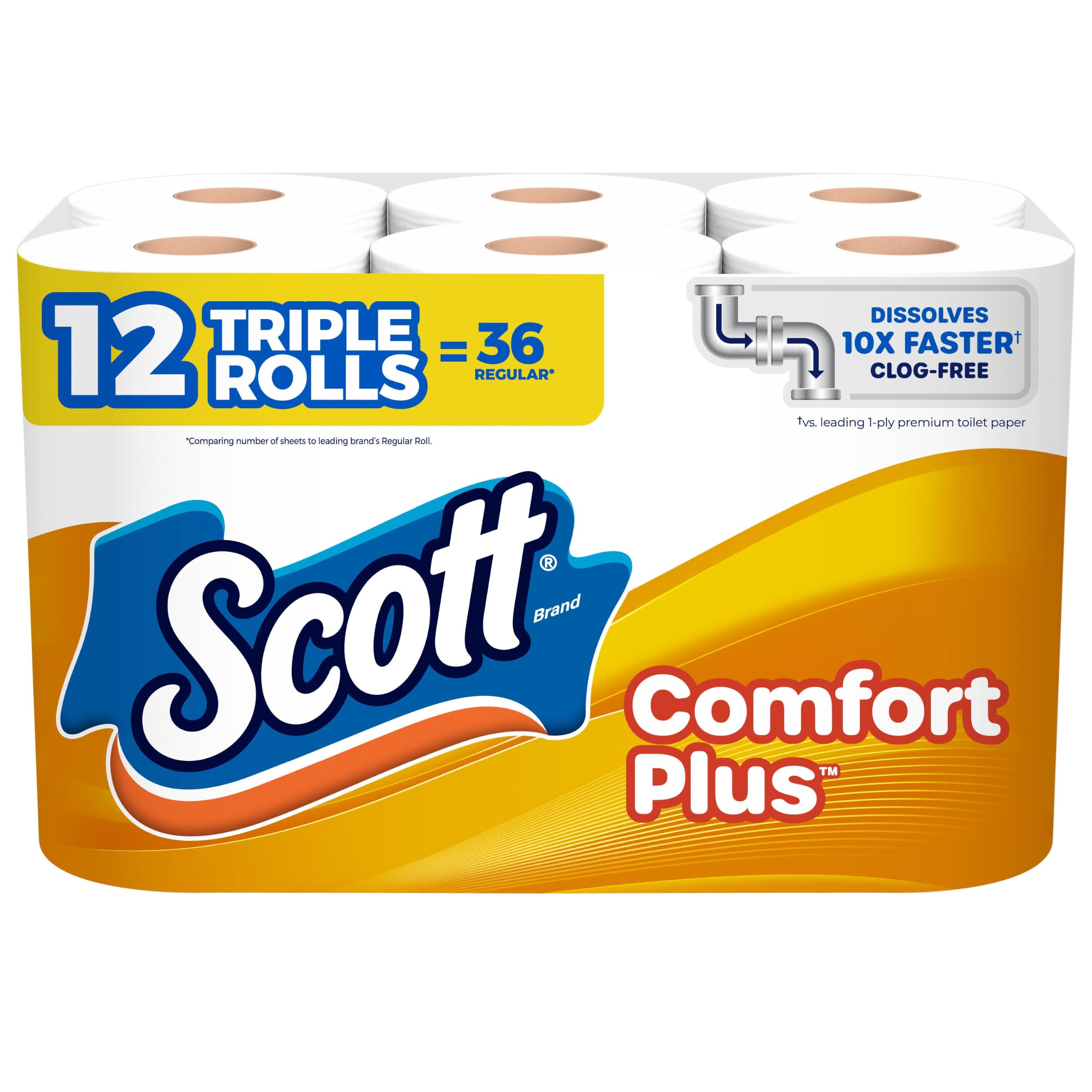 Scott ComfortPlus Toilet Paper, 12 Triple Rolls, 231 Sheets per Roll, Septic-Saf