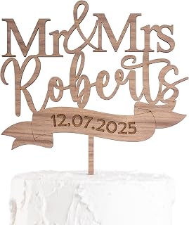 Personalised Wedding Cake Topper, Wooden Cake Topper for Anniversary, Mr and Mrs Rustic Cake Topper, Mr & Mrs Cake Decoration (Walnut)
