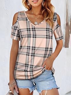 Women's Summer V Neck Short Sleeve Hollow Print T Shirt