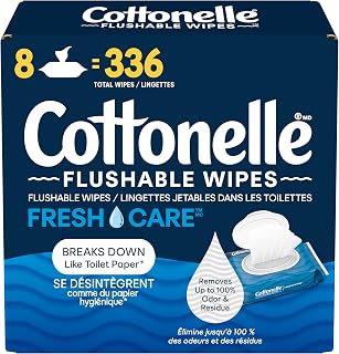 Flushable Wet Wipes; Cottonelle FreshCare; Biodegradable & Septic Safe; 8 Flip-Top Packs of 42 (336 Wipes)