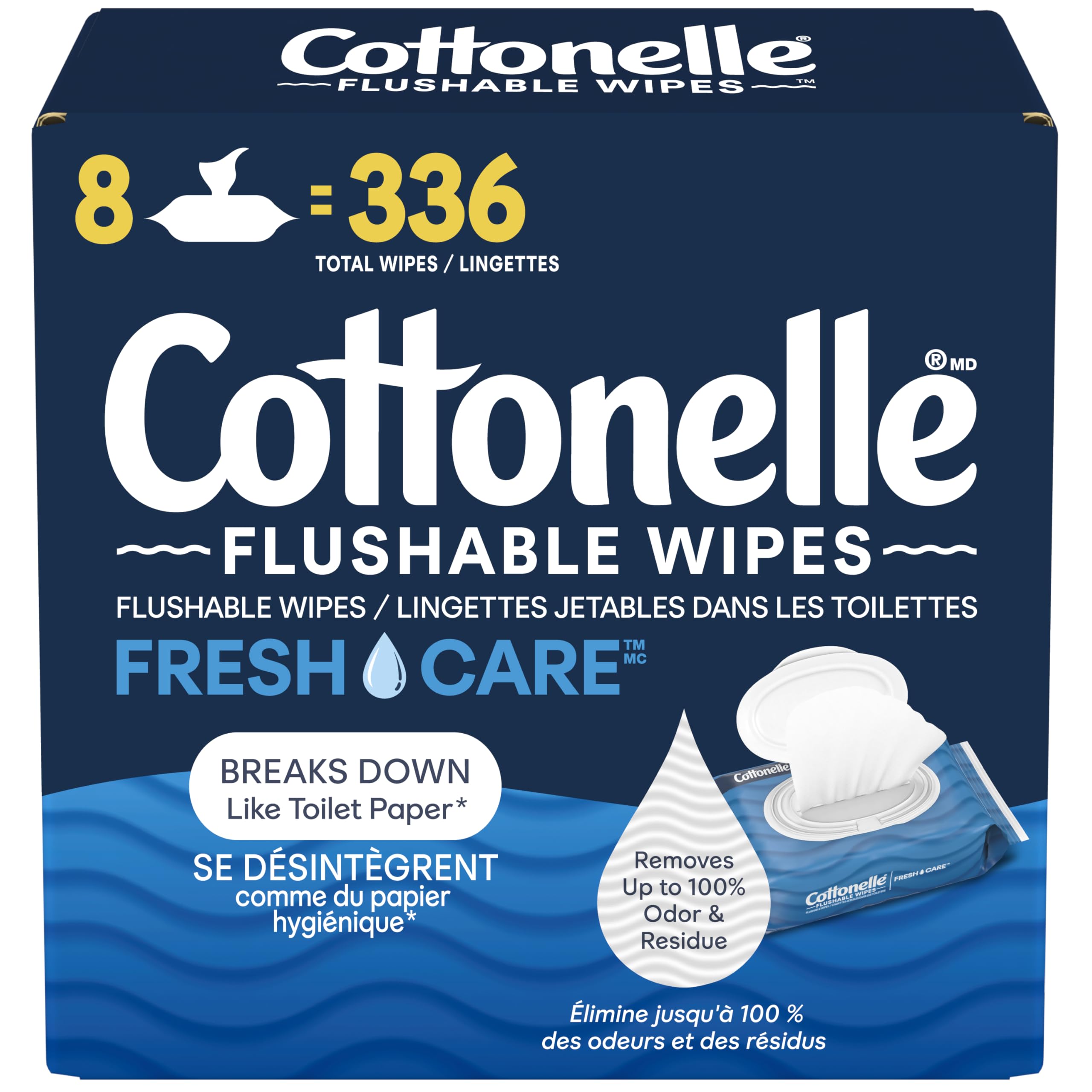 Flushable Wet Wipes; Cottonelle FreshCare; Biodegradable & Septic Safe; 8 Flip-T