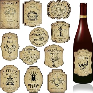 36Pcs Halloween Wine Bottle Label Stickers Retro Scary Potion Bottle Labels | Vintage Halloween Animal Apothecary Bottle Stickers Classic Creepy Waterproof Wine Labels for Halloween Party Decor