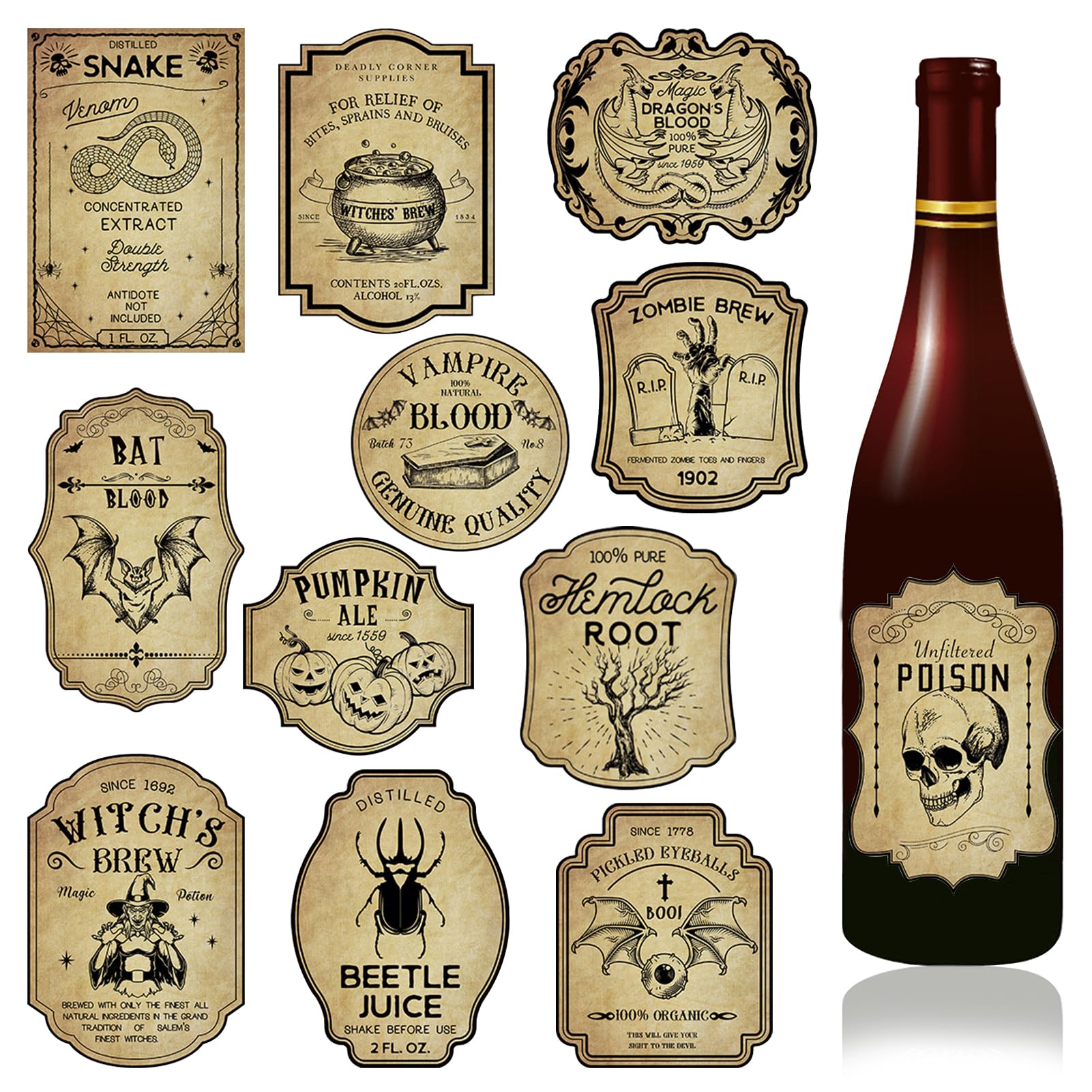 36Pcs Halloween Wine Bottle Label Stickers Retro Scary Potion Bottle Labels | Vi