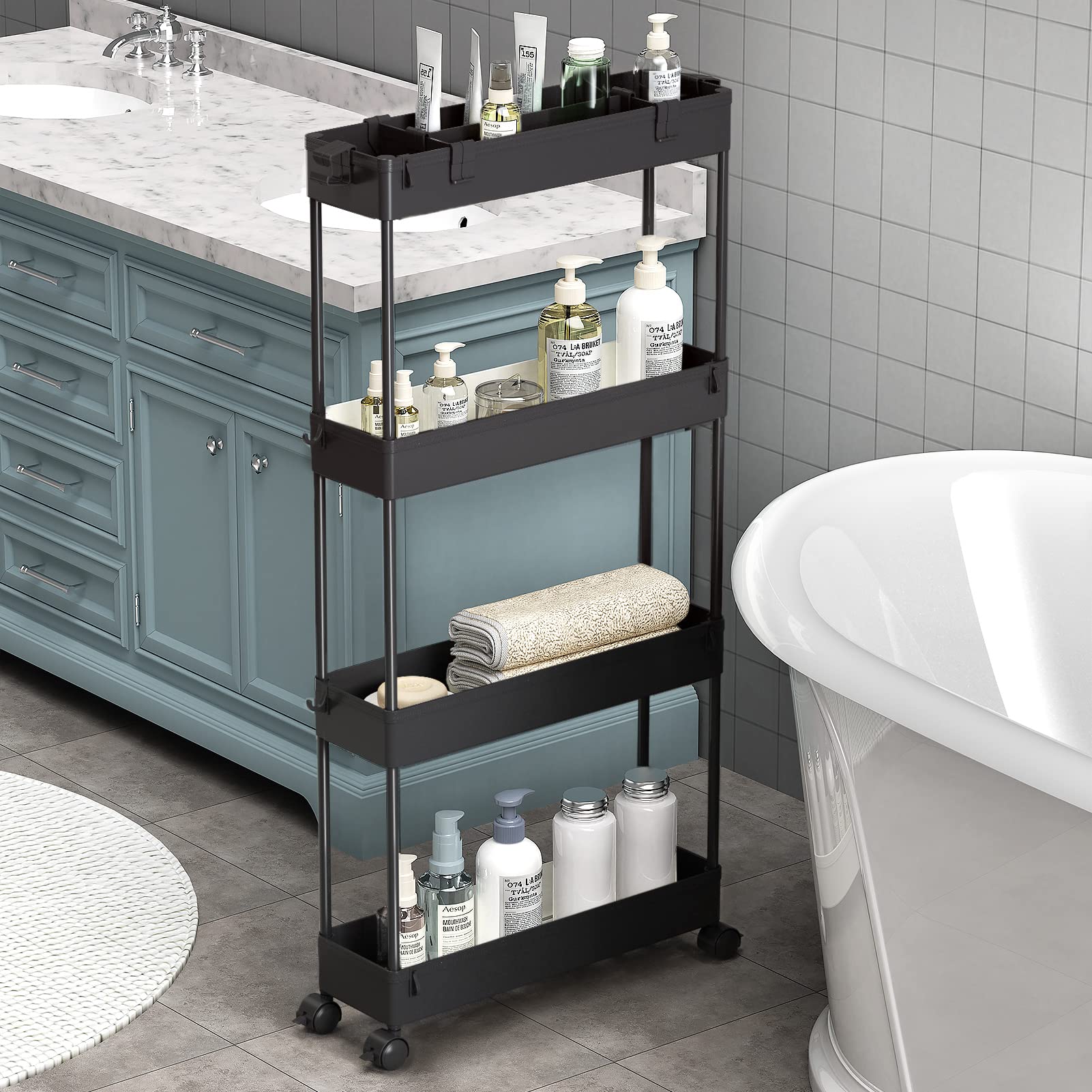 SPACELEAD Slim Storage Cart 4 Tier,Bathroom Organizer Rolling Utility,Mobile She