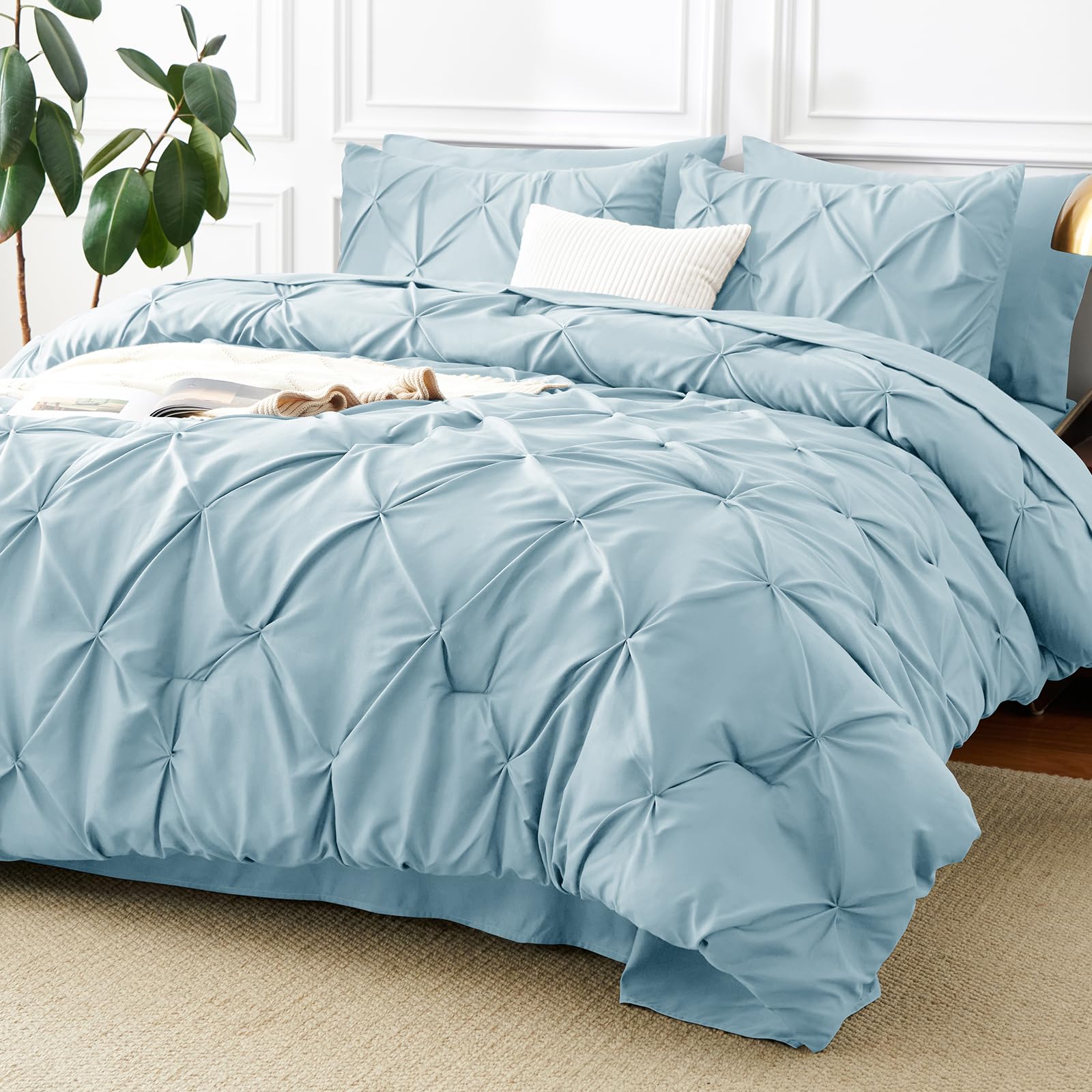 Queen Comforter Set Light Blue, 7 Pieces Pintuck Bed in a Bag