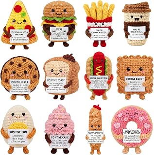 HunnmingRe Cute Food Crew 12 Pcs Crochet Doll with Positive Card | Cute Food Crew, Pizza Burger Fries Coffee Toast Donut Designs, Message Cards, Soft Wool, Desk Decor, Encouragement Gifts