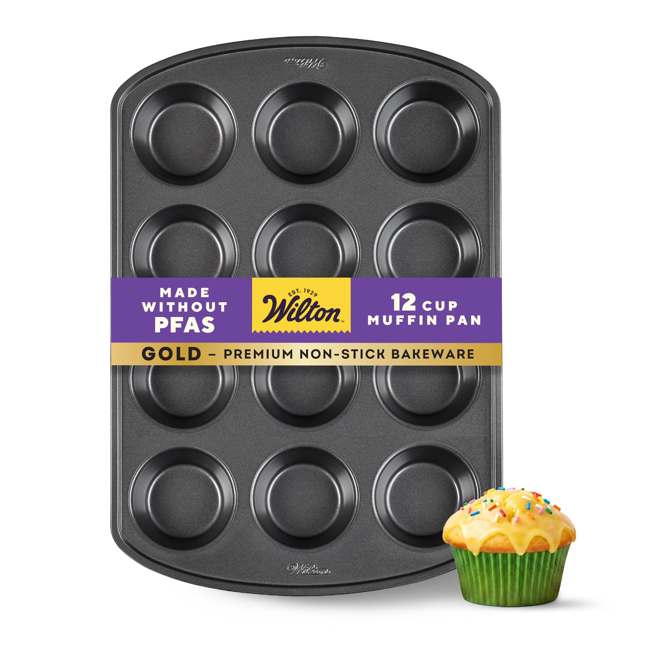 Wilton Gold Non-Stick Muffin Pan, Made Without PFAS, 12-Cup | Non-Stick Steel wi