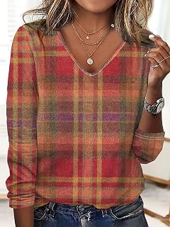 Shirts for Women Elegant V-Neck Long Sleeve Tops Plaid Printied Spring/Fall Loose Fit Casual T-Shirts