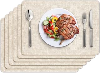 BIPASION Placemats, Faux Leather Heat Resistant Placemats for Dining Table Set of 6, Waterproof Wipeable Washable Place Mats, Easy to Clean Non-Slip Table Mats, 11.8" x 17", Beige