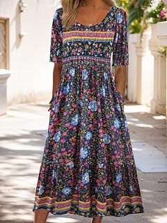 Boho Summer Dresses for Women, Floral Print Midi Dress, A Line Dress, Casual Short Sleeve Summer Beach Dress with Pockets