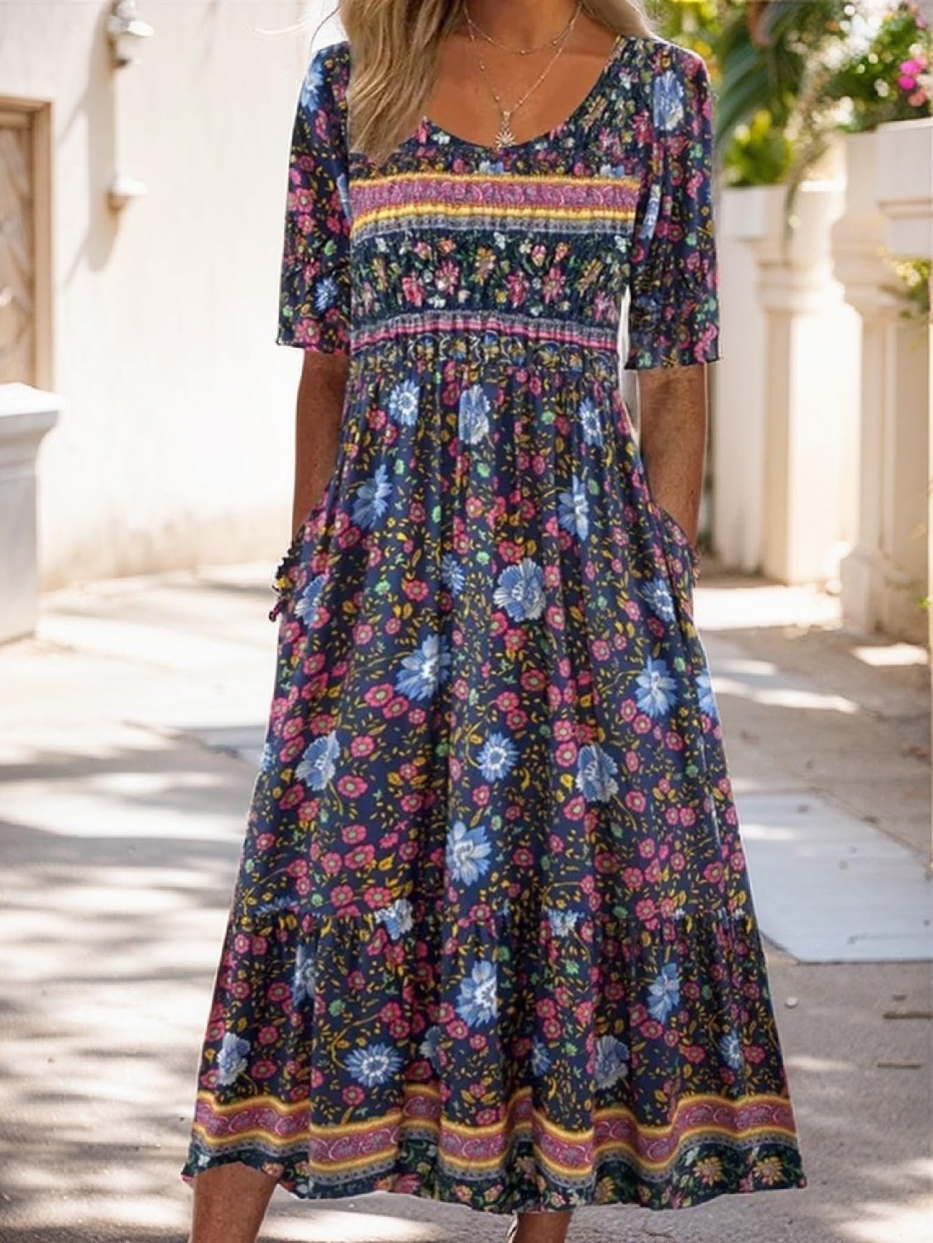 Boho Summer Dresses for Women, Floral Print Midi Dress, A Line Dress, Casual Sho