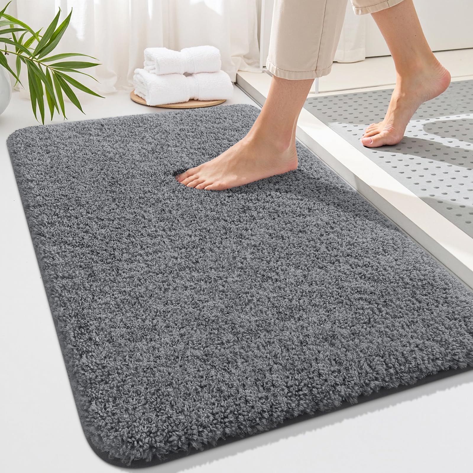 OLANLY Soft Microfiber Plush Shaggy Small Bath Mat, 16x24, Grey