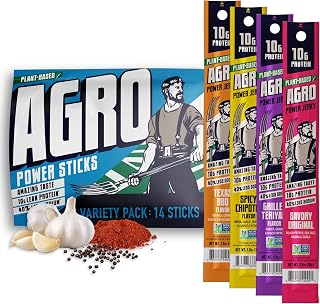 Variety Pack Vegan Jerky Sticks, High Protein Plant Based Snack, 14 Sticks | AGRO POWER Jerky Sticks, High Protein, Non-GMO, Lower Sodium, No Cholesterol, Meatless Healthy Snack, On-the Go Fuel