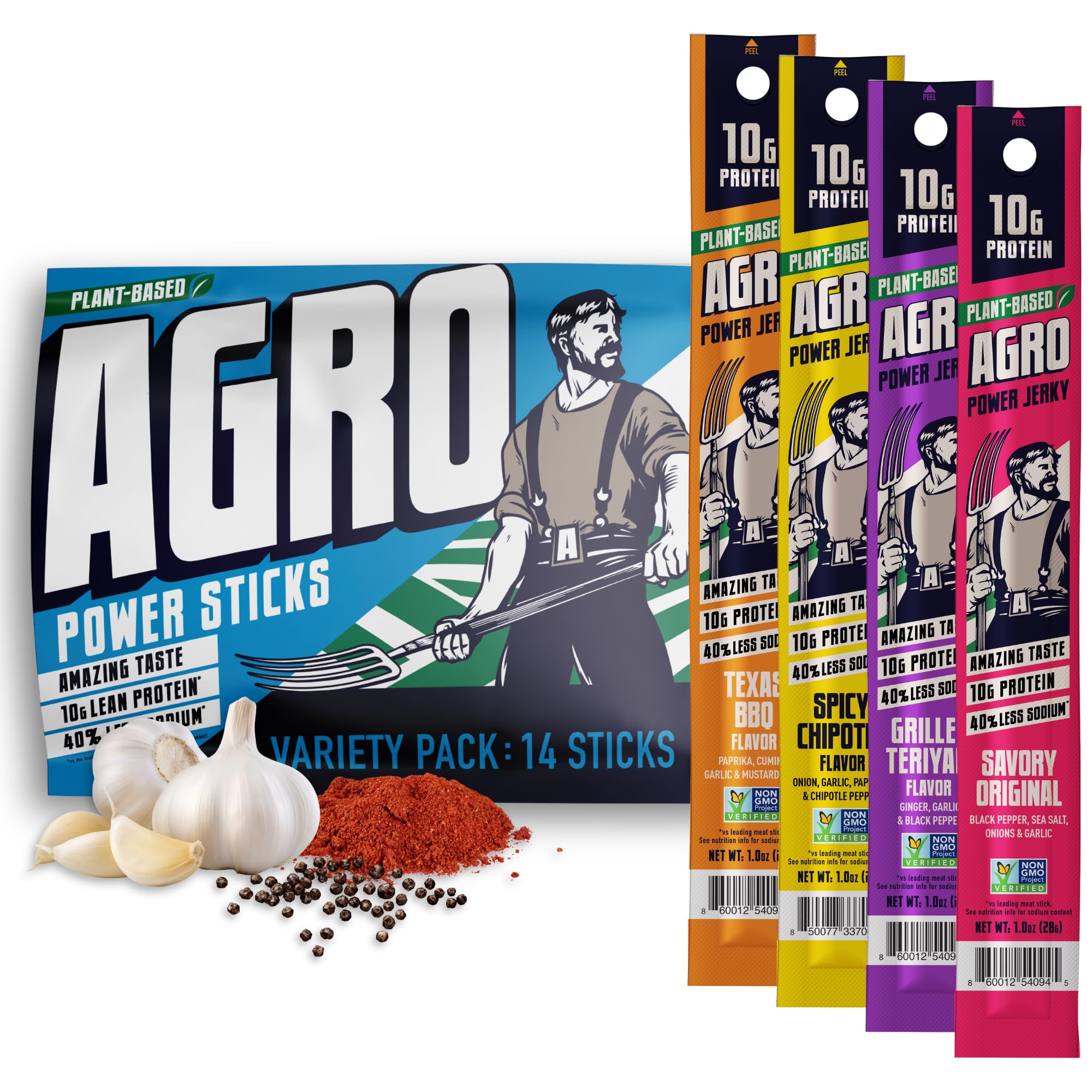 Variety Pack Vegan Jerky Sticks, High Protein Plant Based Snack, 14 Sticks | AGR