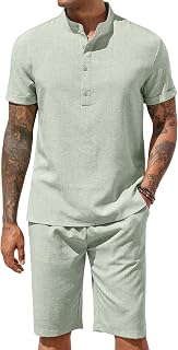 COOFANDY Men's 2 Pieces Set Short Sleeve Henley Shirts and Shorts Set Texture Summer Beach Vacation Outfits