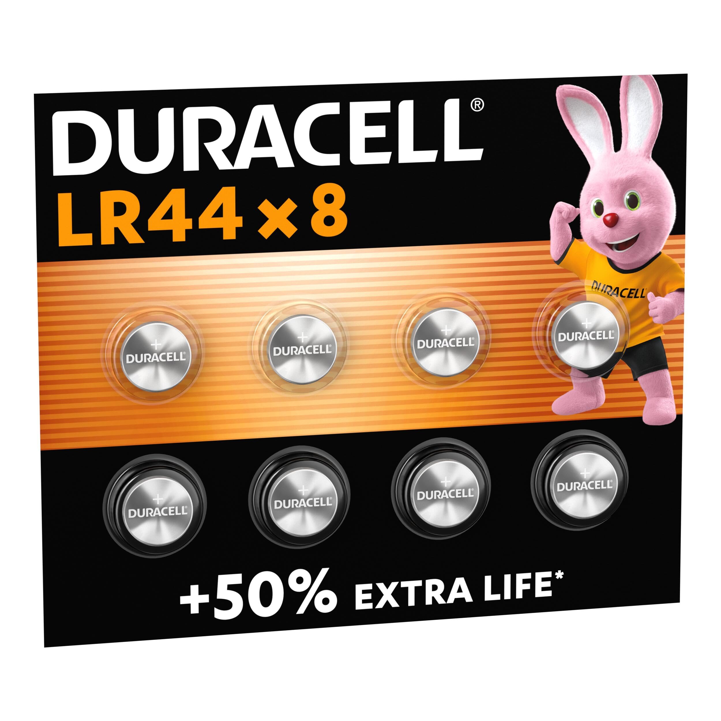 DURACELL LR44 Specialty Alkaline Battery (8 Pack) 1.5V, A76 | +50% EXTRA LIFE - 