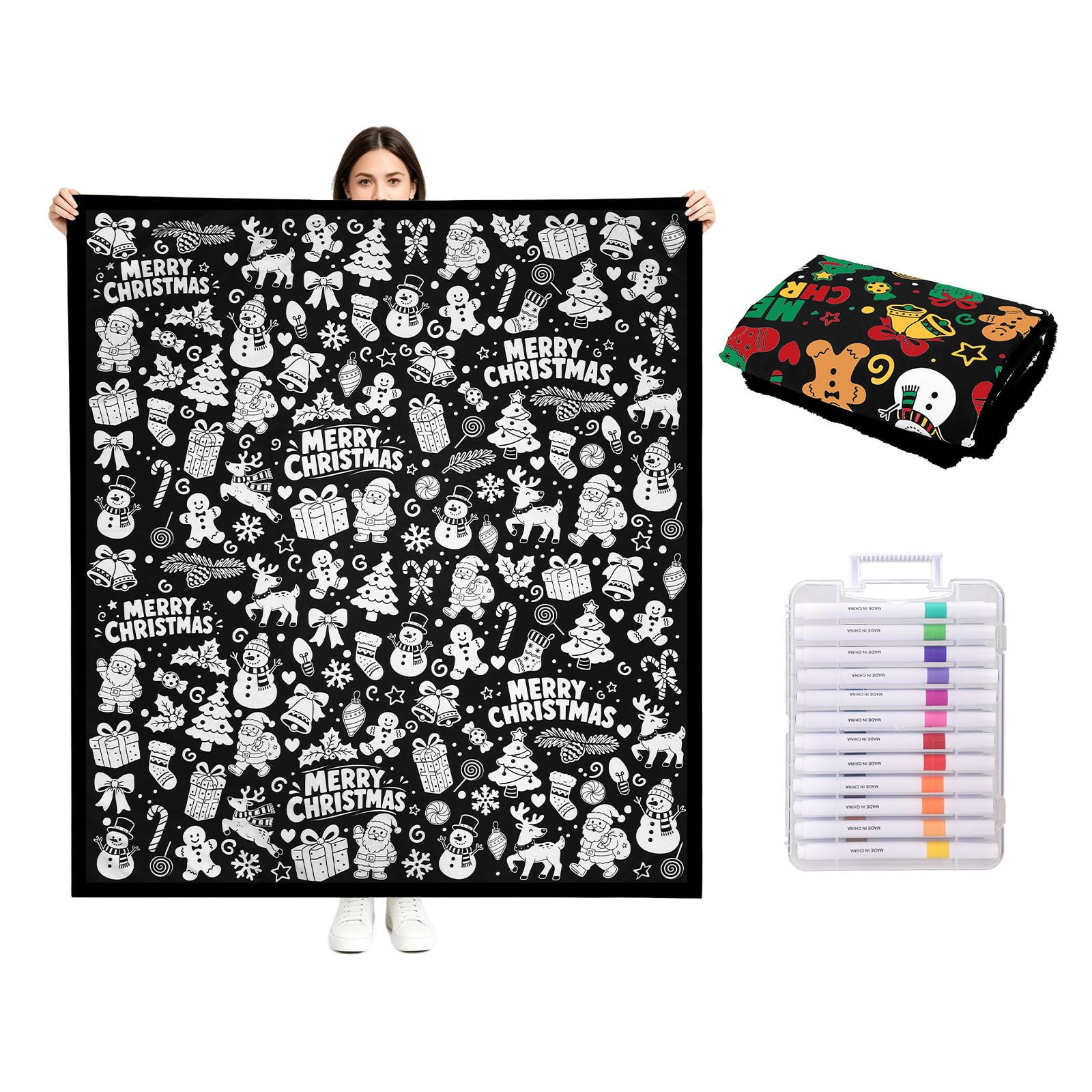Sinbana DIY Coloring Blanket with 24 Markers (Christmas Style) | 150x127cm/59x50