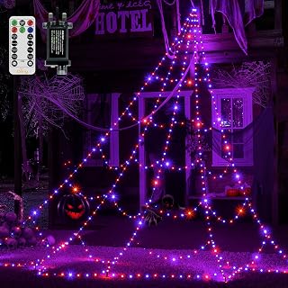 Ollny 5m 454 LEDs Halloween Decor Spider Web Shape Orange and Purple Lights | Outdoor Cobweb Light Mains Powered with Remote, Plug, Modes & Timer, Waterproof for Garden, Yard & Haunted House Decorations