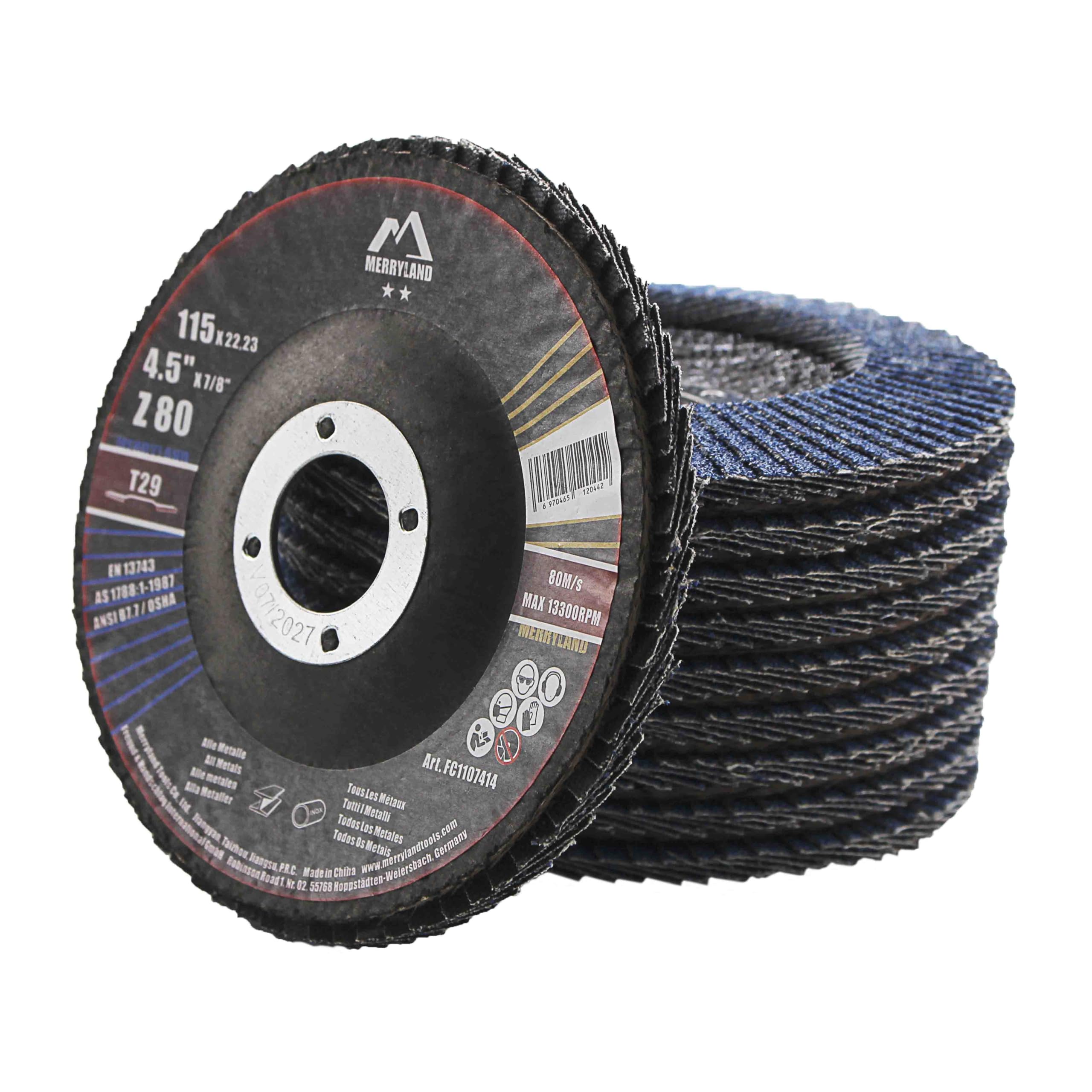 Merryland 10 Pack Flap Disc 115 mm Metal 80 Grit T29 Flap Wheel | 115mm Angle Gr
